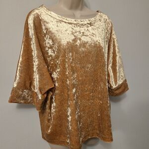 Womens Gold Yellow Crushed Velvet Top Blouse XL 3/4 Dolman Sleeve Boho Chic Glam